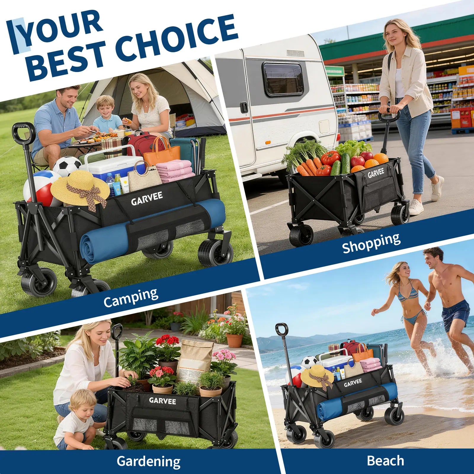 Heavy Duty Folding Camping Wagon Cart, Large Collapsible Outdoor Utility Trolley with 8-Inch All-Terrain Wheels, 600D Oxford Fabric, Water Resistant, Compact Storage for Garden Beach Sports Camping | Summer Outdoor Must-Have - SummerVibes