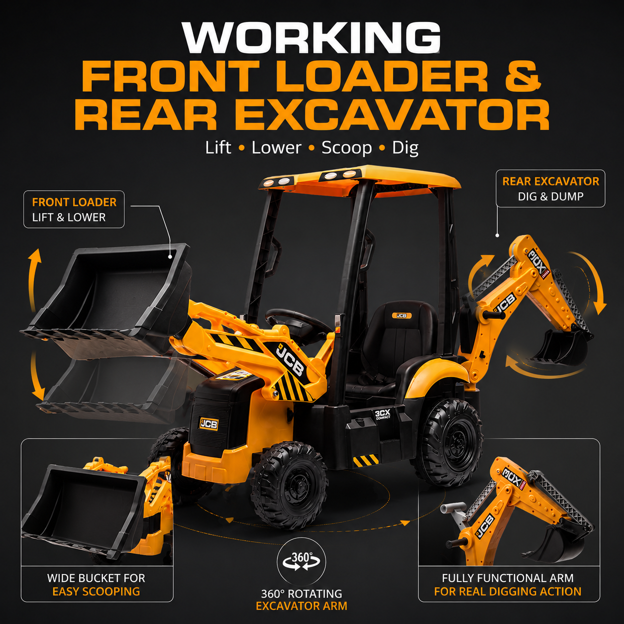 12V Kids Ride-On Excavator with Parent Remote Control, Front Loader & Rear Digger
